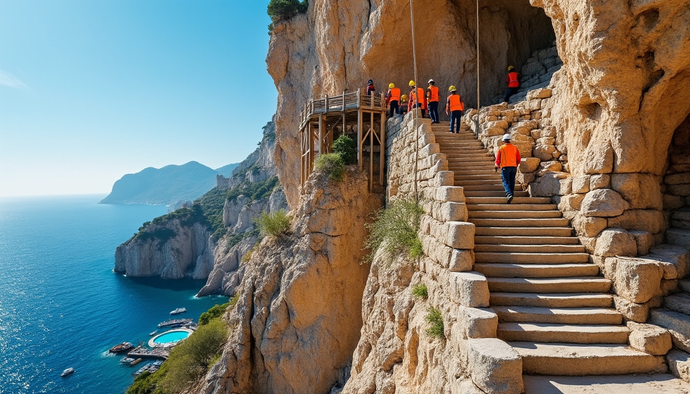 découvrez la réfection impressionnante des escaliers vertigineux taillés dans la roche à la citadelle de bonifacio, un défi d'ingénierie et un patrimoine exceptionnel à préserver.