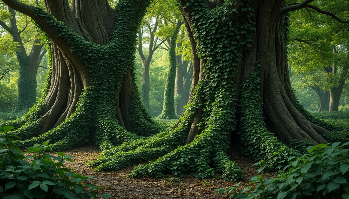 découvrez comment le lierre rampant envahit et étouffe les vieux troncs majestueux de la forêt de vizzavona, un phénomène naturel fascinant et inquiétant.