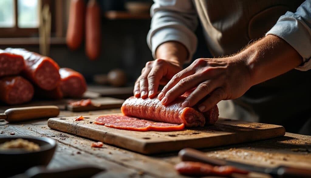 découvrez l'importance essentielle du savoir-faire de l'embossage manuel pour réussir parfaitement le figatellu, une spécialité corse authentique.