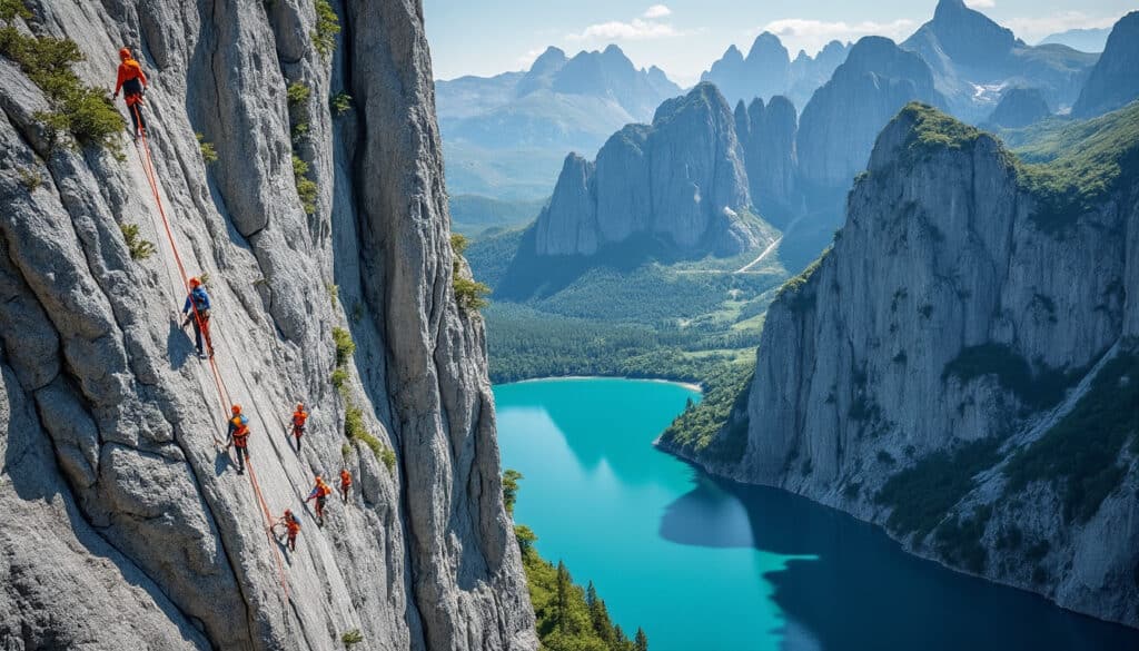découvrez l'attrait unique des falaises surplombant le lac de capitello, un site privilégié pour les cordées d'alpinistes en quête de défis et de sensations fortes en haute montagne.