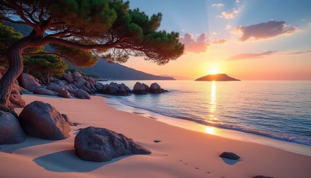 admirez les magnifiques levers de soleil sur les îles lavezzi depuis la plage de palombaggia, en corse, et laissez-vous émerveiller par leurs couleurs.